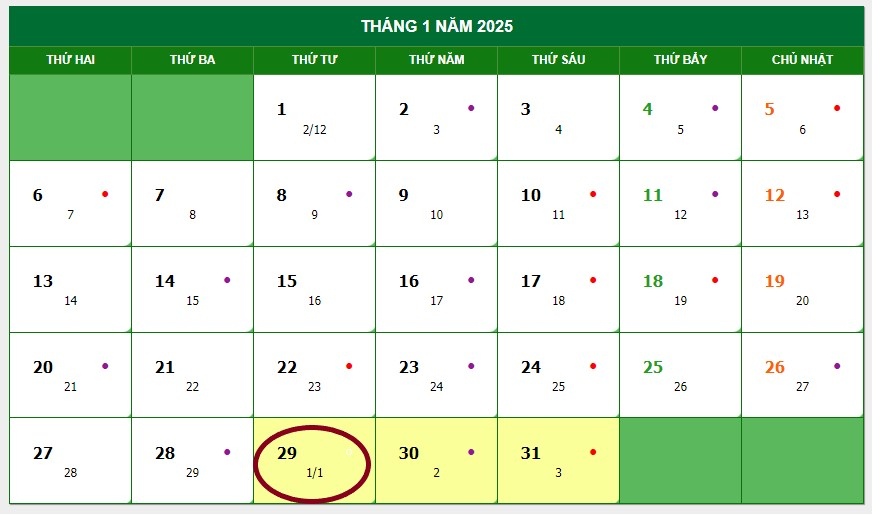 Còn bao nhiêu ngày nữa đến tết 2025 tính từ ngày 01/12/2024