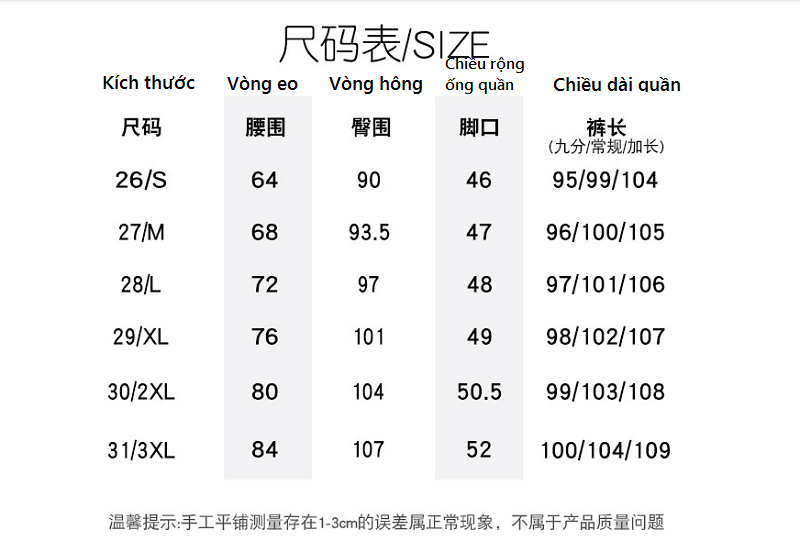 Dịch bảng size quần áo Trung Quốc hỗ trợ tư vấn khách chọn size