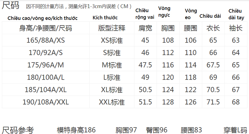 Dịch bảng size quần áo Trung Quốc hỗ trợ tư vấn khách chọn size