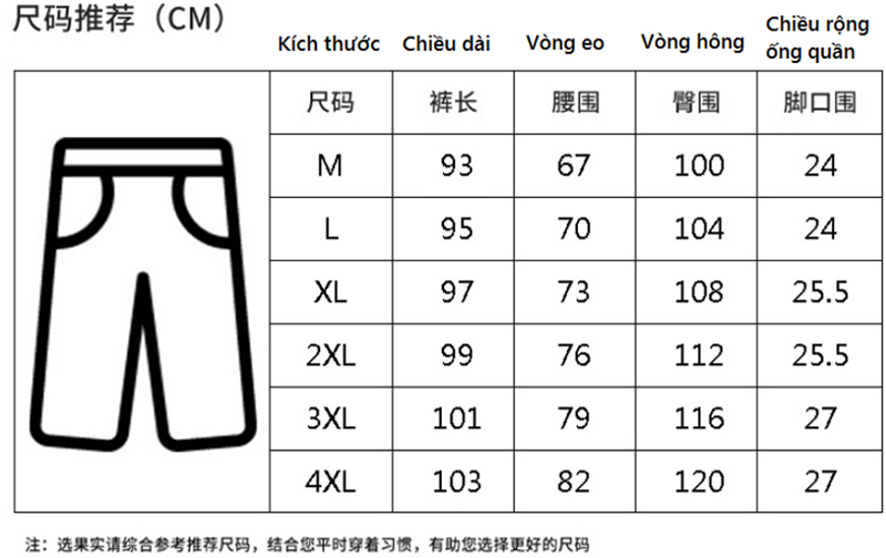 Dịch bảng size quần áo Trung Quốc hỗ trợ tư vấn khách chọn size