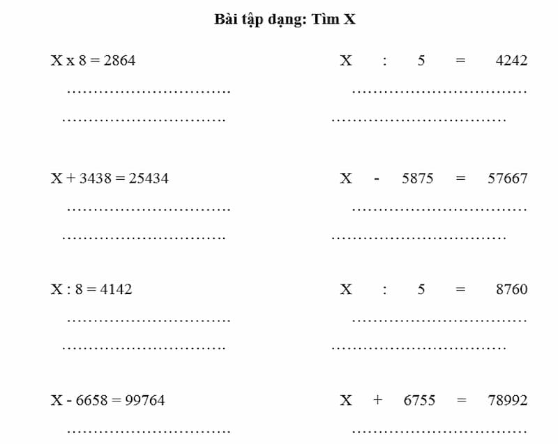 Toán lớp 3 tìm x nâng cao: các dạng bài thường gặp và bài tập