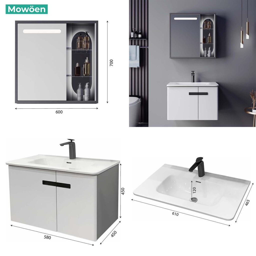 Kích thước tủ lavabo treo tường phòng tắm Mowoen